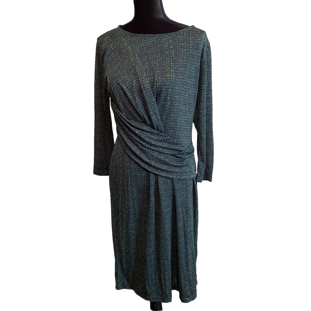 Talbots Womens M Green Navy Faux Wrap Sheath‎ Dress Ruched Long Sleeve Knit Chic